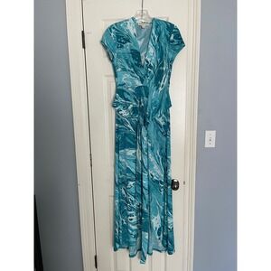 Michael‎ Kors Women's Teal Marble Print Faux Wrap Maxi Dress Size 4